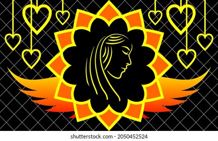 Colorful vector doodle art. illustration of woman in flower wings and heart icon element