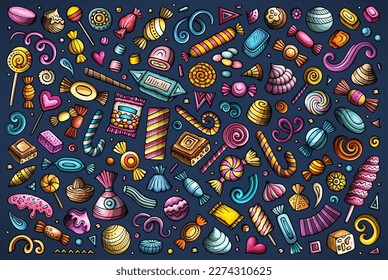 Farbige Vektordoodle-Zeichensatz von Candies Themen, Objekte und Symbole