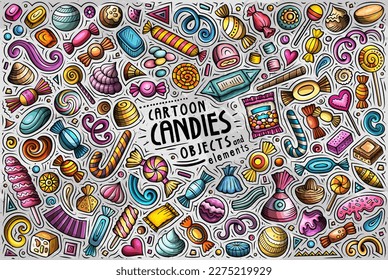 Colorido conjunto de dibujos animados vectoriales de objetos, objetos y símbolos de Candies