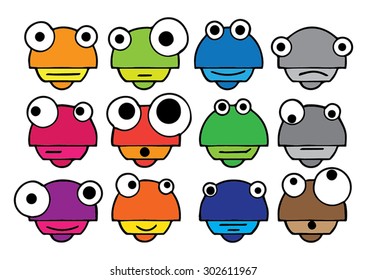 Colorful vector doodle emoticon robots on white background.
