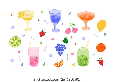 Colorful vector doodle illustration of cocktails. Features fun, hand-drawn style drinks like Margarita, Mojito, Martini with loose lines. Seamless pattern potential. For menus, packaging
