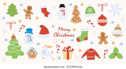 Colorful vector doodle set of Christmas decorations, ornaments, festive elements.