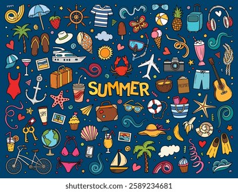 Colorful vector doodle set of summer holiday icons and stickers. Collection of cute beach, travel and vacation elements. Cartoon hand drawn items, signs for card, poster, scrapbooking, print