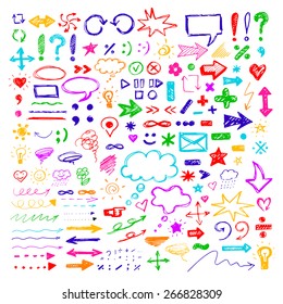 Colorful vector doodles. Design elements isolated on white. Hand drawn with pen. Color can be changed by one click. Creative icons for your business plan, presentation, report, etc. Friendly design.