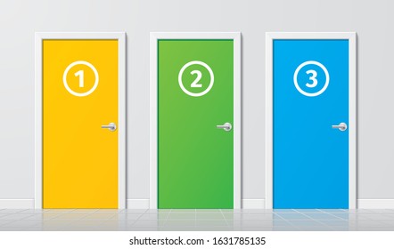 Colorful vector doors with numbering. Set of yellow, green and blue modern realistic doors with chrome handles and numbers, on a white wall background. Choice concept.