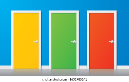 Colorful vector doors. Set of yellow, green and red modern realistic doors with chrome handles, on a blue wall background. Illustration of simple design closed doors in a front view. Choice concept.