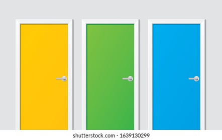 Colorful vector doors. Set of yellow, green and blue realistic doors with chrome handles, isolated on a white background. Illustration of closed doors in a front view.