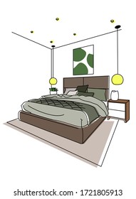 Vector colorido de cama doble con lámparas en los lados.