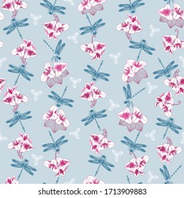Colorful vector dragonflies and flowers surface pattern
