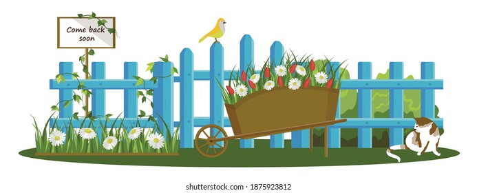 Colorful vector drawing of a blue fence isolated on a white background. a sign that says I'll be back soon. The fence is surrounded by decorations: a flower bed with daisies, a cat, a bird...