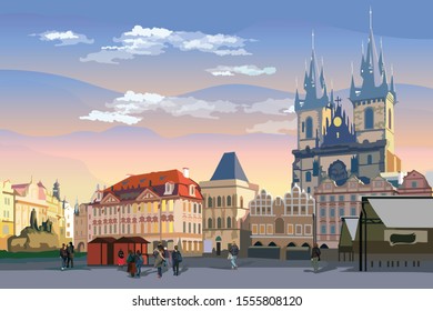 Dibujo vectorial colorido Ilustración. El paisaje urbano de la Plaza del Casco Antiguo y la Iglesia de Tyn. 
Lugar emblemático de Praga, República Checa. Ilustración vectorial del punto de referencia de Praga.
