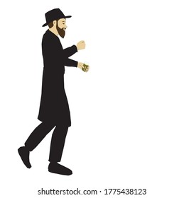 A colorful vector drawing of a Jew, a Hasidic, an ultra-Orthodox, saying "Cheers" over a glass of vodka and sings while walking