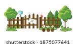 Colorful vector drawing of a wooden fence isolated on a white background. A sign with a Greeting. The fence is surrounded by decorations: green trees, a mailbox, potted flowers and a butterfly.