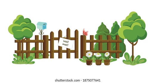 Colorful vector drawing of a wooden fence isolated on a white background. A sign with a Greeting. The fence is surrounded by decorations: green trees, a mailbox, potted flowers and a butterfly.