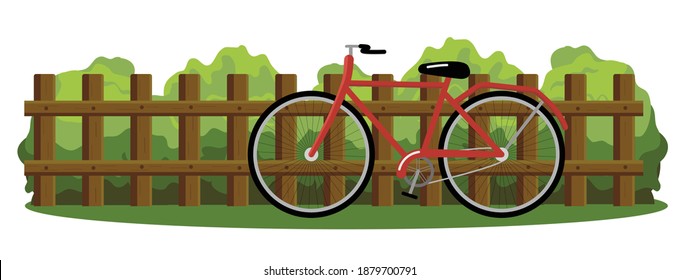 Colorful vector drawing of a wooden fence isolated on a white background. The fence is surrounded by decorations: green bushes and a red bicycle.