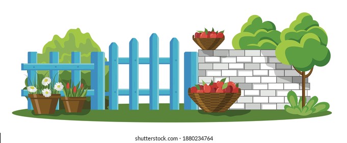 Colorful vector drawing of wooden fence and stone wall. The image is isolated on a white background. The fence is surrounded by decorations: trees, bushes, pots of flowers and baskets of apples.