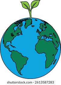 Colorful vector of Earth with sprouting leaves representing sustainability, green planet, environment day, and ecological awareness in a clean flat style. Eco-Friendly Earth Globe with Green Leaf.