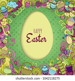 Colorful vector Easter background in paper art style with cartoon doodle objects, symbols and items. Round frame composition. Perfect for cards, prints, flyers, banners, invitations.
