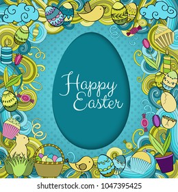 Colorful vector Easter background in paper art style with cartoon doodle objects, symbols and items. Round frame composition. Perfect for cards, prints, flyers, banners, invitations.