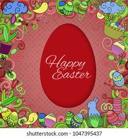 Colorful vector Easter background in paper art style with cartoon doodle objects, symbols and items. Round frame composition. Perfect for cards, prints, flyers, banners, invitations.