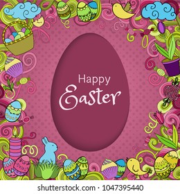 Colorful vector Easter background in paper art style with cartoon doodle objects, symbols and items. Round frame composition. Perfect for cards, prints, flyers, banners, invitations.