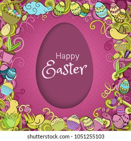 Colorful vector Easter background in paper art style with cartoon doodle objects, symbols and items. Round frame composition. Perfect for cards, prints, flyers, banners, invitations.