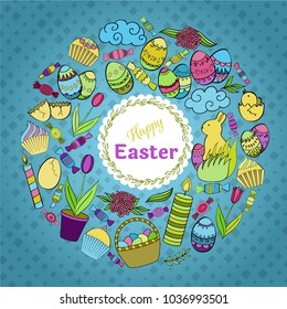 Colorful vector of Easter cartoon doodle objects, symbols and items. Round frame composition.  Perfect for cards, prints, flyers, banners, invitations. 