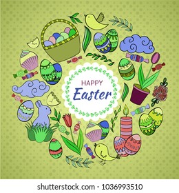 Colorful vector of Easter cartoon doodle objects, symbols and items. Round frame composition.  Perfect for cards, prints, flyers, banners, invitations. 
