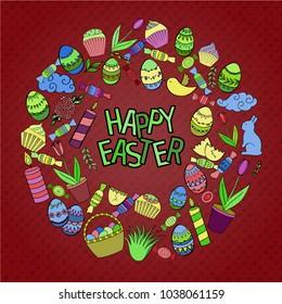 Colorful vector of Easter cartoon doodle objects, symbols and items. Round frame composition. Perfect for cards, prints, flyers, banners, invitations. 