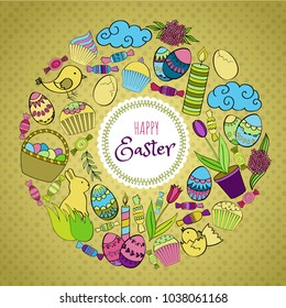 Colorful vector of Easter cartoon doodle objects, symbols and items. Round frame composition. Perfect for cards, prints, flyers, banners, invitations. 
