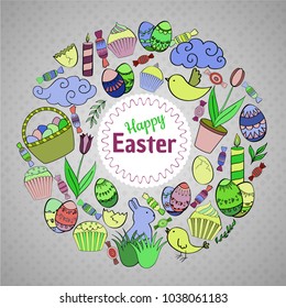 Colorful vector of Easter cartoon doodle objects, symbols and items. Round frame composition. Perfect for cards, prints, flyers, banners, invitations. 