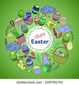 Colorful vector of Easter cartoon doodle objects, symbols and items. Round frame composition. Perfect for cards, prints, flyers, banners, invitations. 