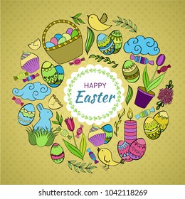 Colorful vector of Easter cartoon doodle objects, symbols and items. Round frame composition. Perfect for cards, prints, flyers, banners, invitations. 