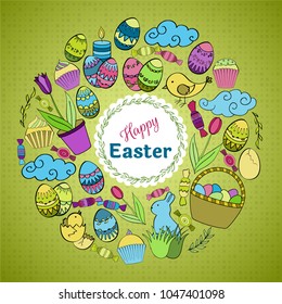 Colorful vector of Easter cartoon doodle objects, symbols and items. Round frame composition. Perfect for cards, prints, flyers, banners, invitations. 