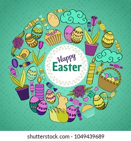 Colorful vector of Easter cartoon doodle objects, symbols and items. Round frame composition. Perfect for cards, prints, flyers, banners, invitations. 