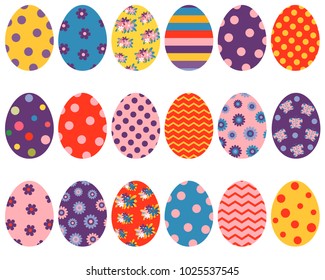 Colorful vector Easter eggs with flowers, dots and patterns for graphic design and backgrounds