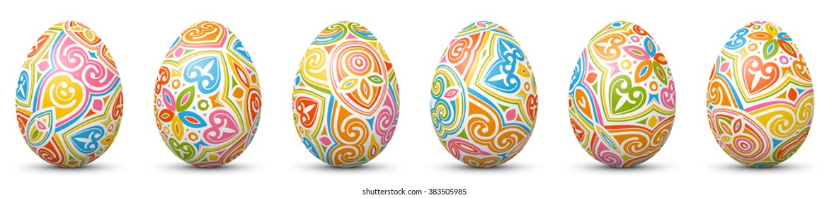 Colorful Vector Easter Eggs Set in Row, Panorama with Abstract Pattern. Texture Style - Group, Collection of Holiday Season Symbols. Each Egg with Shadow is in Extra Layer. Horizontal Banner.