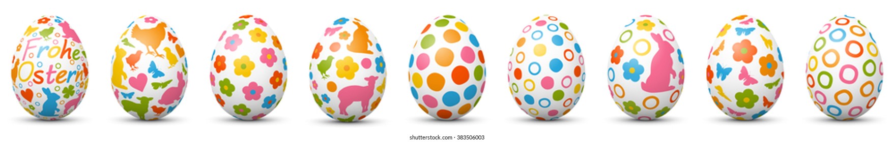 Colorful Vector Easter Eggs Set in Row. Panorama with Easter Holiday Pattern. Group, Collection of Holiday Season Symbols. Each Egg with Shadow is in Extra Layer. Happy Easter in German Language.