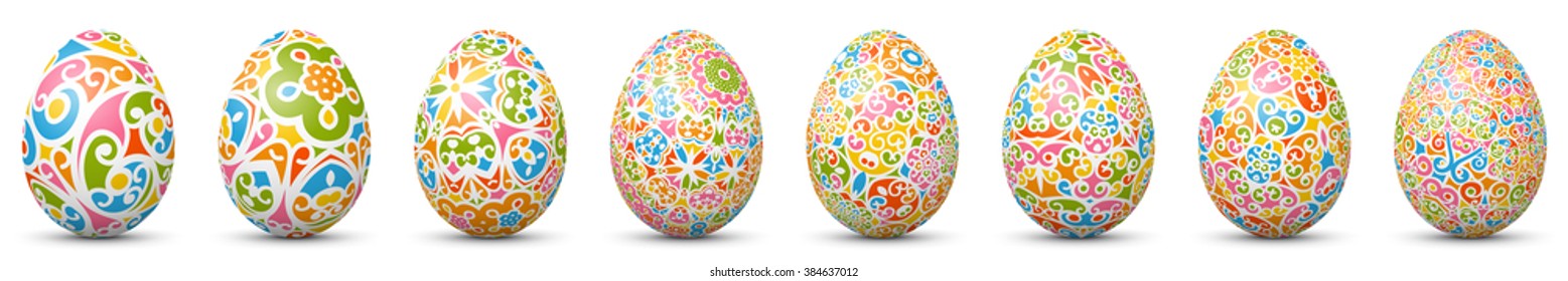 Colorful Vector Easter Eggs Set in Row, Panorama with Abstract Pattern. Texture Style - Group, Collection of Holiday Season Symbols. Each Egg with Shadow is in Extra Layer. Horizontal Banner.