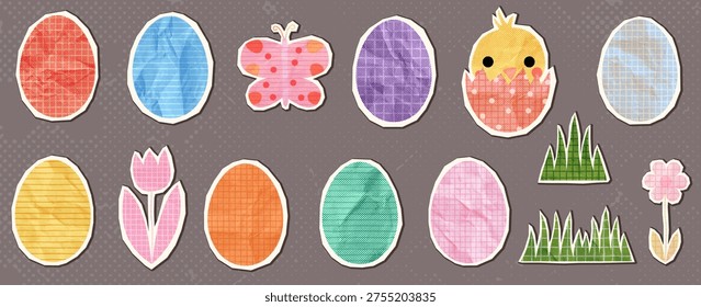 Colorful vector Easter paper eggs, flowers, grass collage shapes, Cute scrapbook halftone elements for modern spring designs, brochures and cards