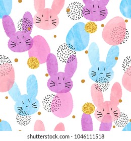 Colorful vector Easter pattern with watercolor bunnies and eggs.