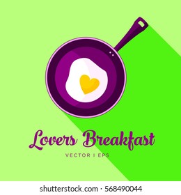 Colorful vector editable image, illustration drawing the frying pan with a heart shape omelet egg. Valentine Day lovers breakfast concept.