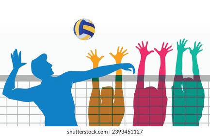 Colorful vector editable volleyball player spike and blocker in action for any graphic background