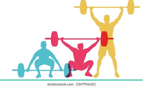 Colorful vector editable weightlifter poses for any graphic background	