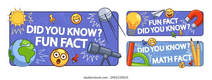 Colorful Vector Educational Banners Featuring Fun Facts With Various Science Elements Like The Sun, Earth, Telescope