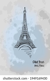 Colorful vector Eiffel tower, famous landmark of Paris, France. Vector illustration isolated on watercolor background. Paris travel concept. Stock illustration.
