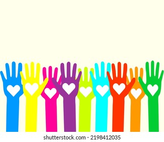 Coloridos elementos vectores de corazones en manos. La imagen simboliza cómo los voluntarios se acercan al buen voto general. Concepto de salud de medicina, voluntariado, ayuda.