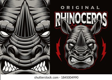 A colorful vector emblem with a rhinoceros, this design can be used as a shirt print as well as a logotype.