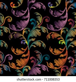 Colorful vector embroidery Baroque seamless pattern. Antique grunge endless floral ornaments.Tapestry black vintage background. Arras hatchet surface texture. Ornate damask bright scroll leaves.