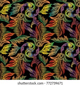 Colorful vector embroidery Baroque seamless pattern. Tapestry vintage background. Antique grunge endless floral ornaments in baroque style. Ornate damask flowers, scroll leaves. Embroidered texture.